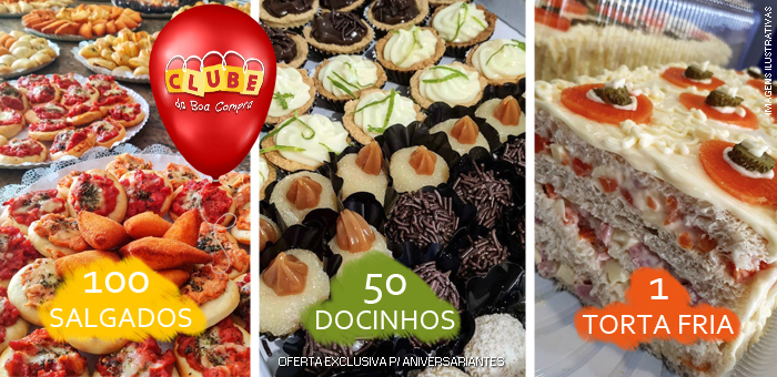 Kit Aniversário: 100 Salgados + 50 Doces + Torta Fria - Café Preto